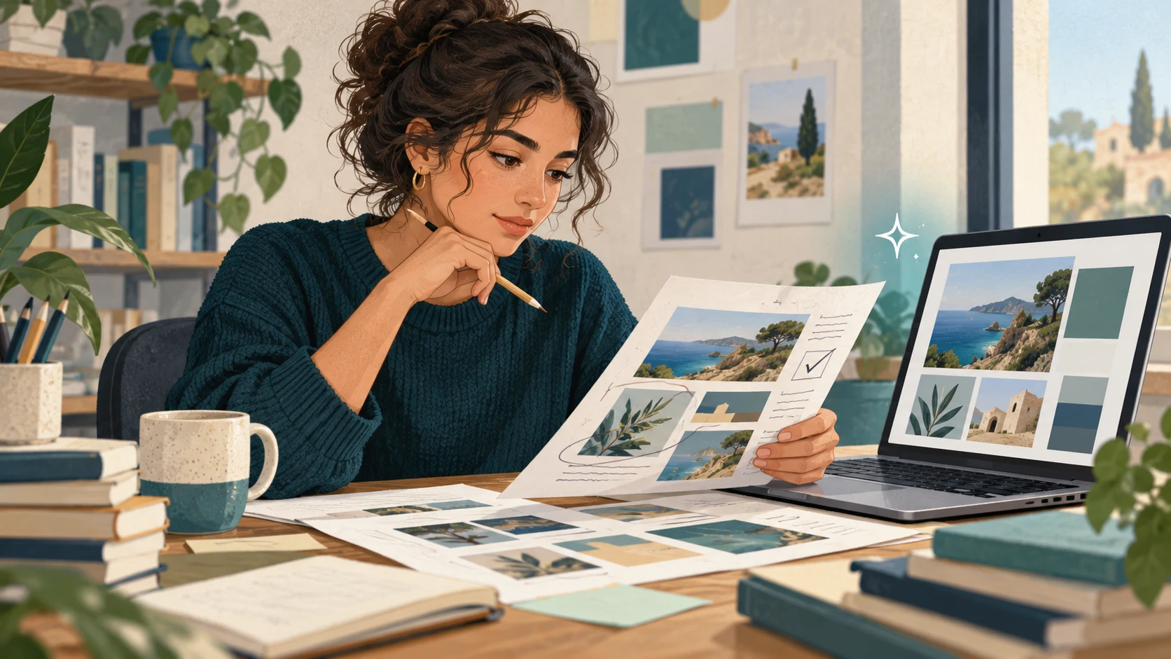 Une étudiante compare et annote un support visuel près de son ordinateur.