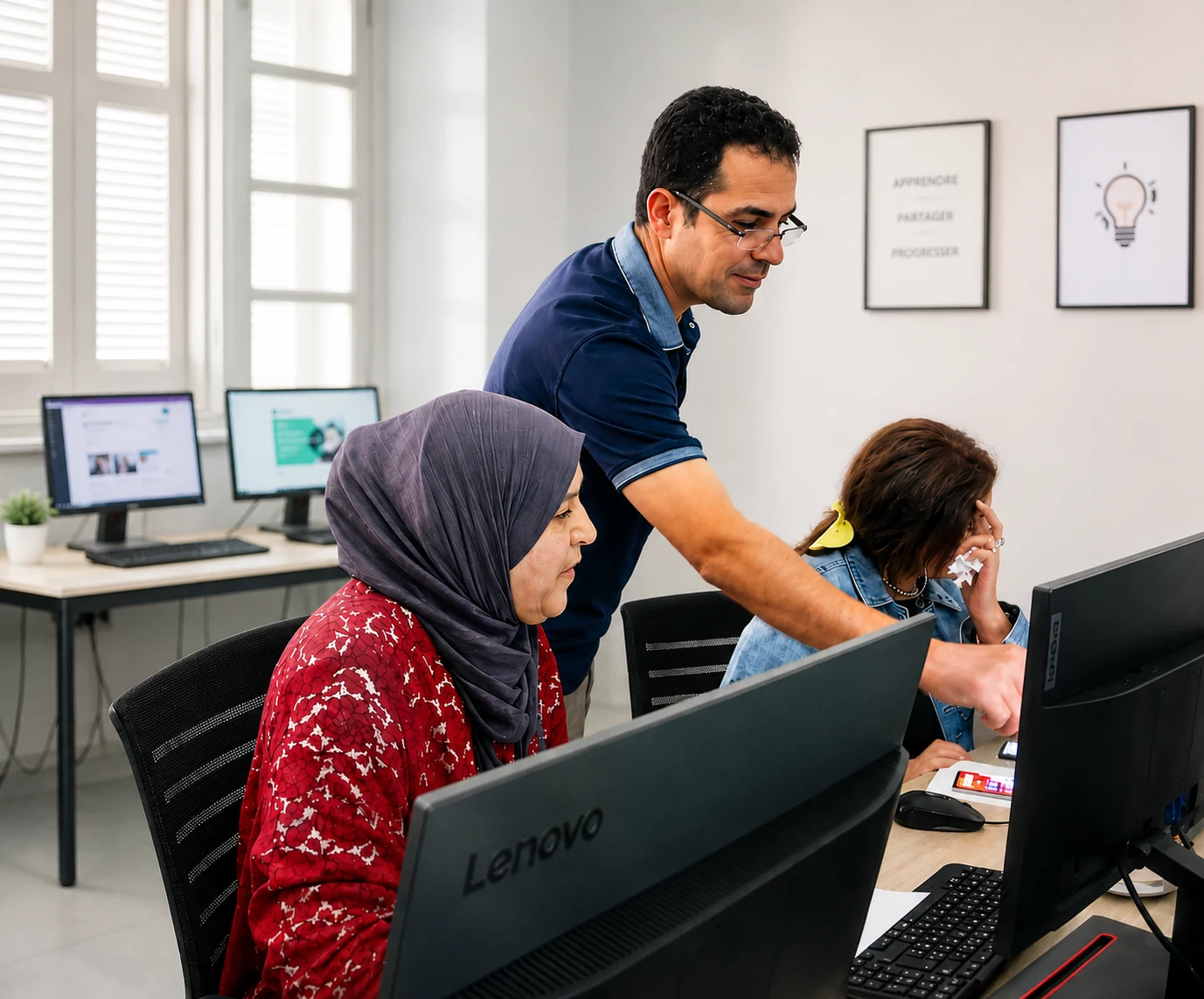 Elyes Ben Charrada accompagnant des participantes lors d’une formation en design graphique