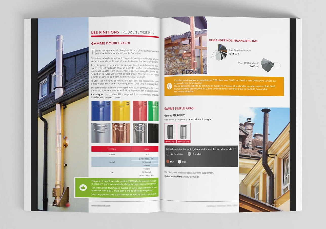Double page de catalogue associant photographie architecturale et fiches produits
