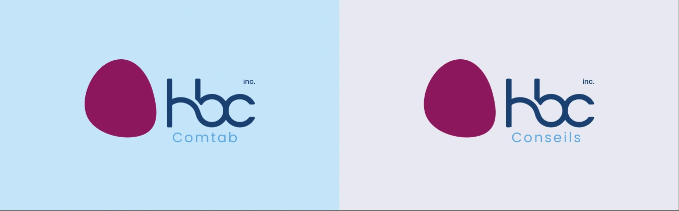 Architecture de marque : HBC Comtab sur fond bleu clair et HBC Conseils sur fond gris clair