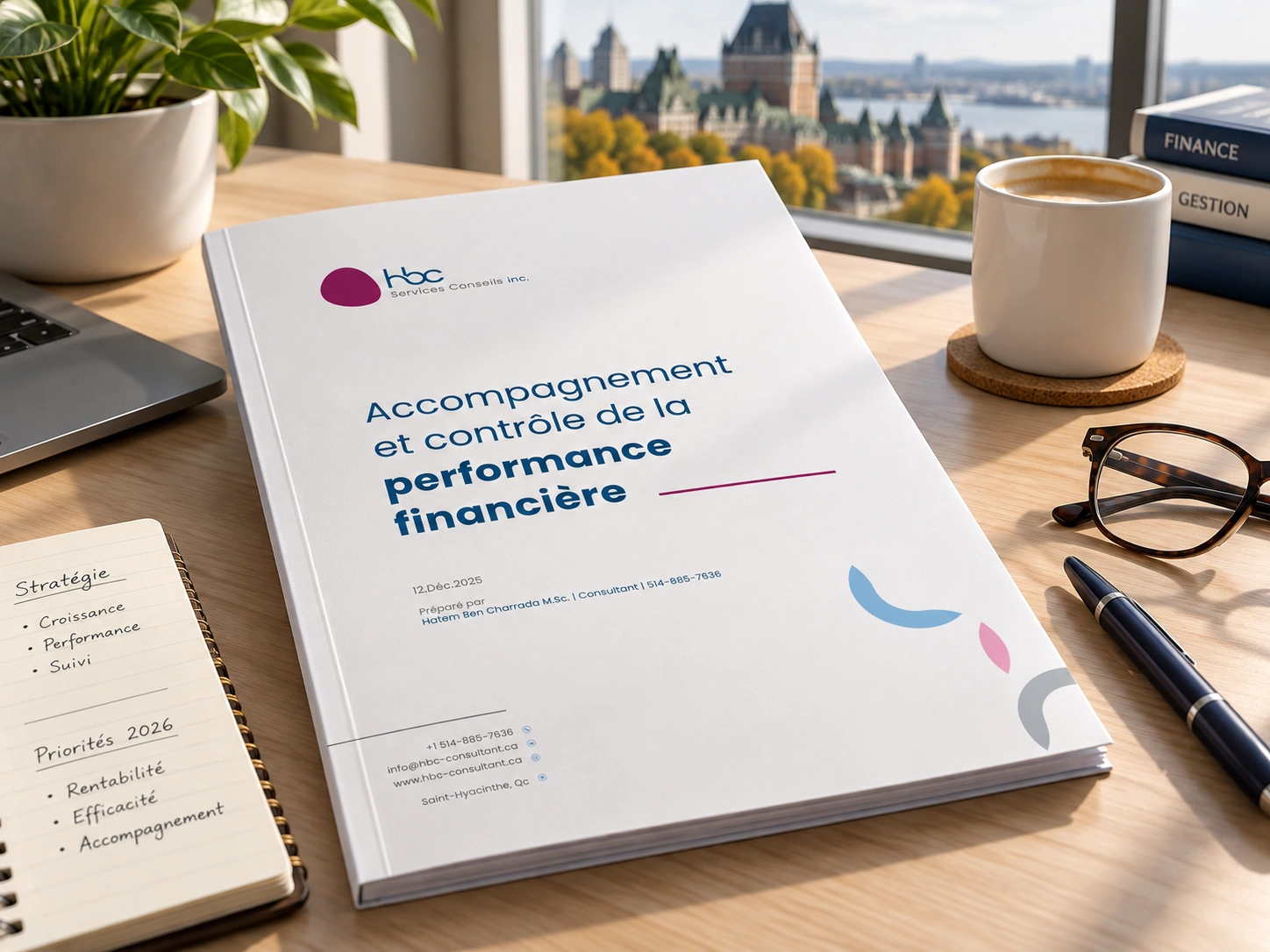 Mise en situation de la couverture du rapport HBC sur un bureau avec une vue sur Québec